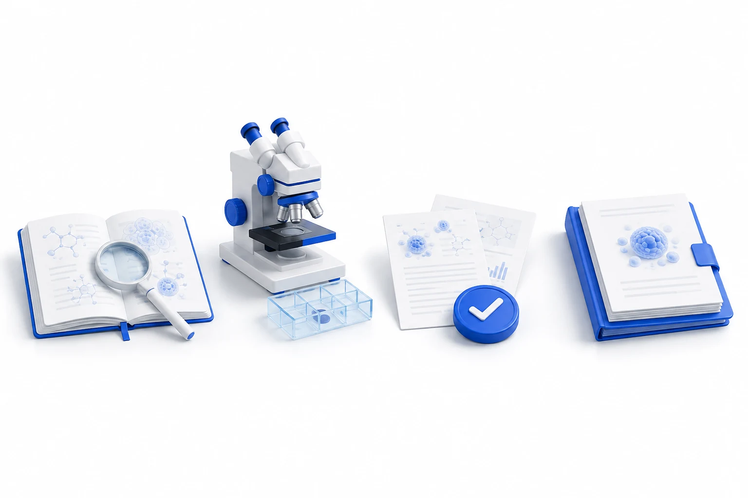 A research notebook with a magnifier, a microscope, checked documents and a record binder sit apart from one another.
