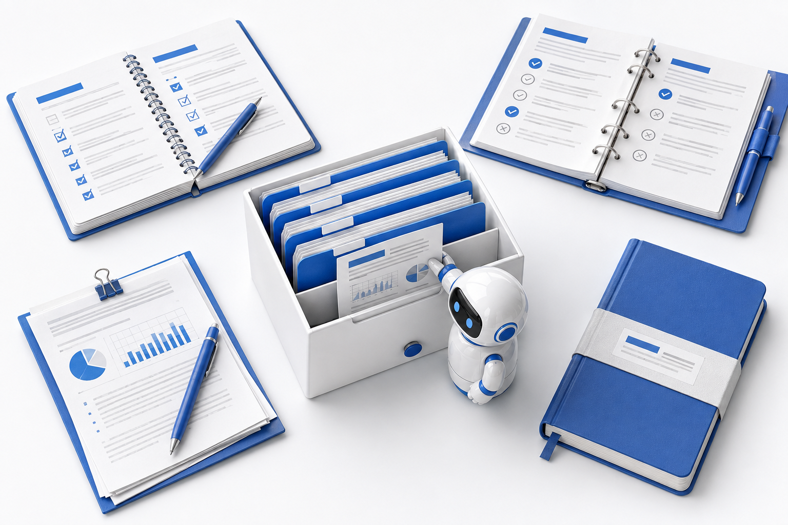 Project notes, meeting decisions, research records and completed reports surround a shared document library.