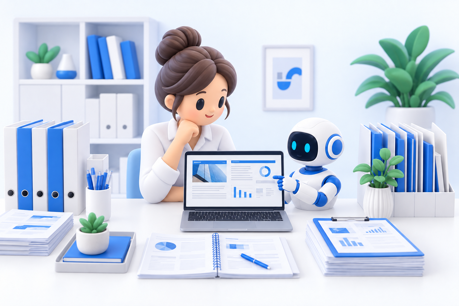 A team member and AI assistant work with company sources, a draft and an archived result in one bright workspace.